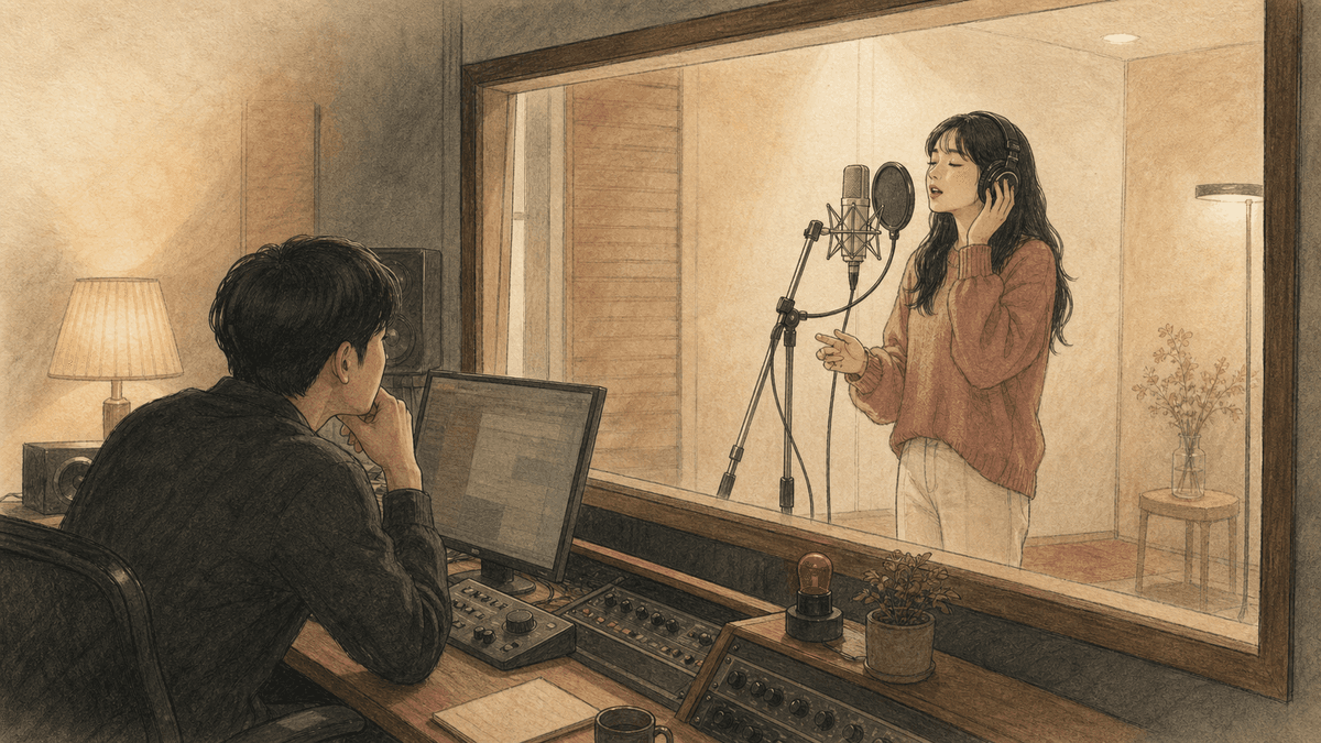 녹음 부스에서 한 번의 노래를 처음부터 끝까지 집중해 녹음하는 가수 일러스트