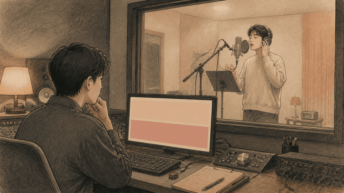 같은 보컬 파트를 한 번 더 녹음해 두 겹으로 쌓는 스튜디오 장면 일러스트